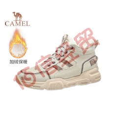 骆驼（CAMEL）户外休闲鞋情侣高帮靴子登山徒步加绒保暖棉鞋工装鞋 A142342115，沙色（毛里），男女同款 37